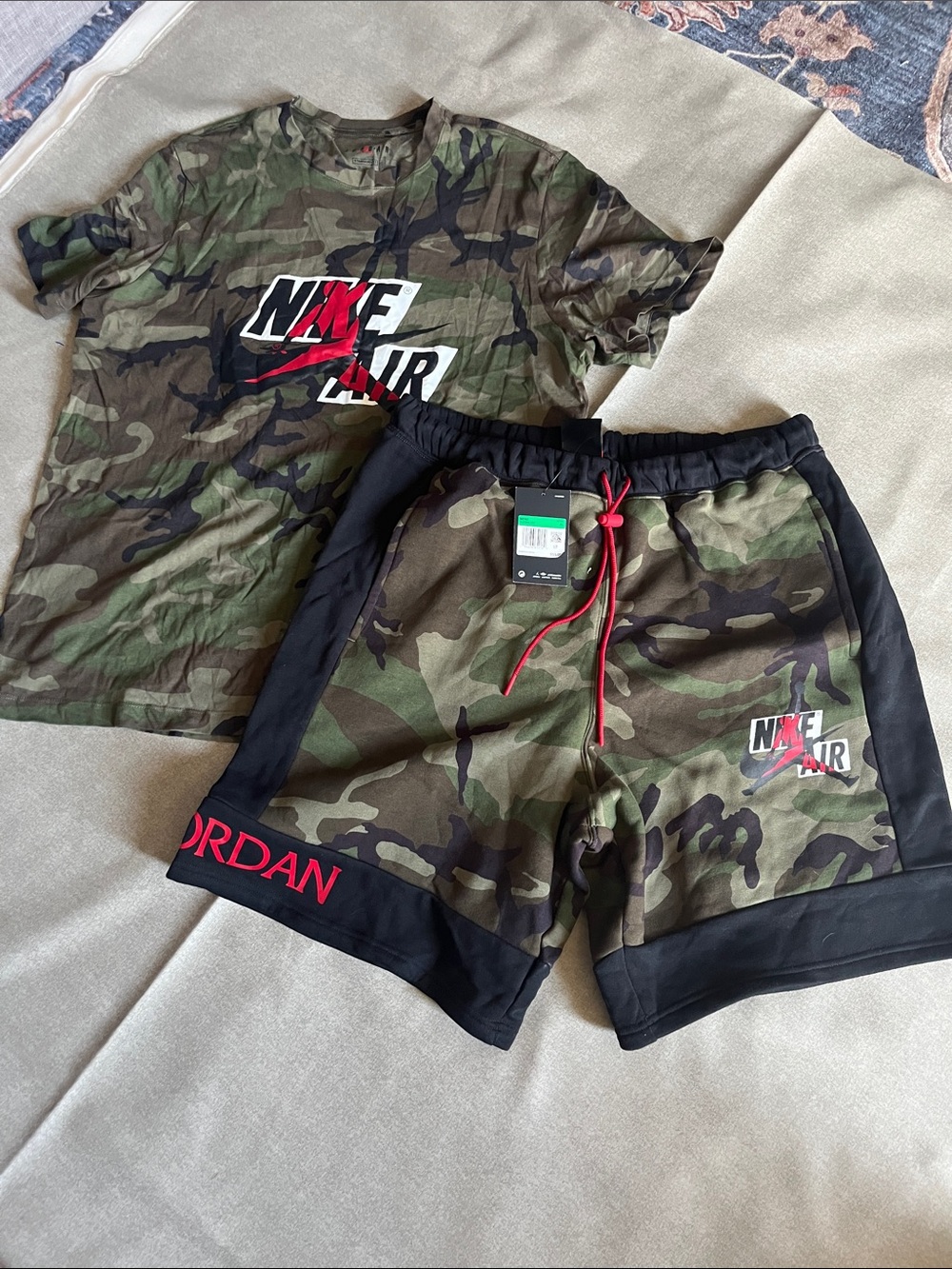 Jordan Men's Camo Athletic Shorts with Black Panels and Red Accents